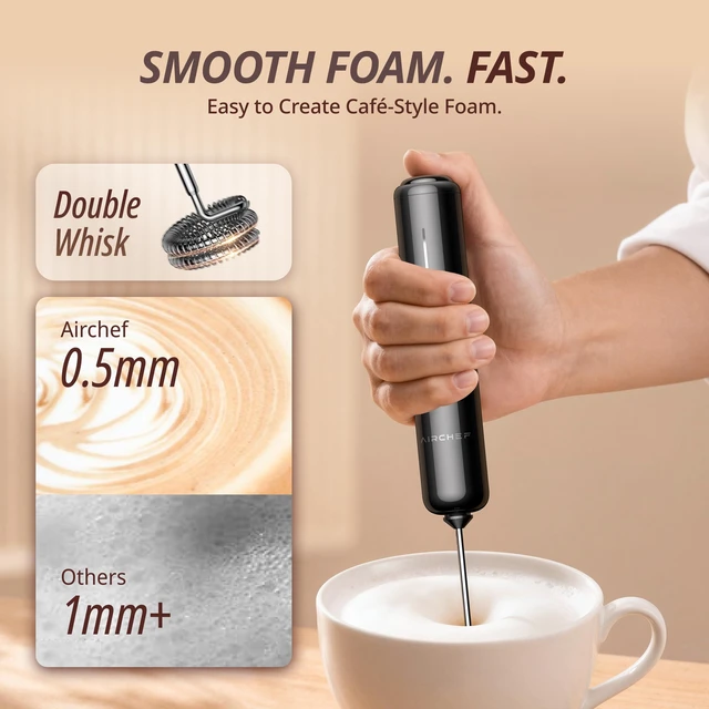 Alt view image 4 of 7 - Milk Frother, Variable Speed Drink Mixer, IPX6, Black | 1,60010,000 RPM Variable Speed, 1500mAh USB-C Rechargeable, Dual Whisks for Coffee, Matcha & Protein Drinks