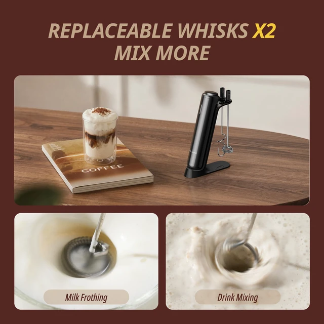 Alt view image 5 of 7 - Milk Frother, Variable Speed Drink Mixer, IPX6, Black | 1,60010,000 RPM Variable Speed, 1500mAh USB-C Rechargeable, Dual Whisks for Coffee, Matcha & Protein Drinks