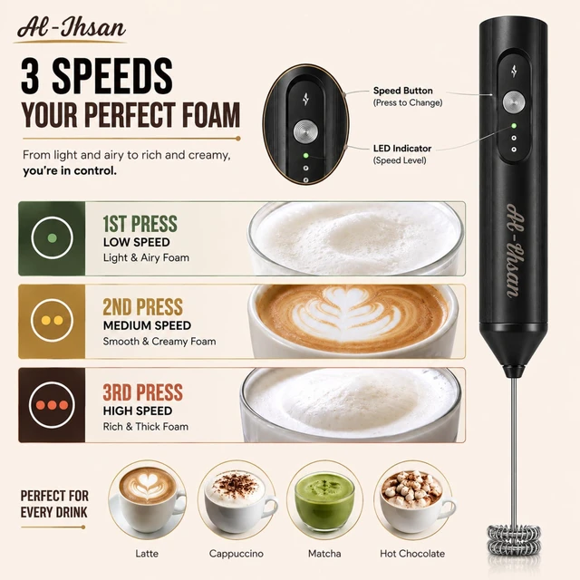 Alt view image 3 of 7 - Milk Frother Handheld - USB Rechargeable Milk Frother with Protective Cover - 3 Speed Mode Electric Drink Mixer - Dual Stainless Spring Whisk Foam Maker for Coffee, Latte, Cappuccino, Matcha