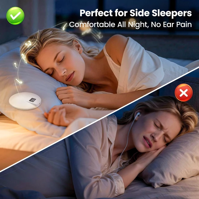 Alt view image 3 of 7 - Bone Conduction Under Pillow Sleep Bluetooth Speaker for Side Sleepers, Bluetooth 6.0 Wireless Speaker with Digital Display Portable Player for Sleep Music White Noise Audiobooks (White)