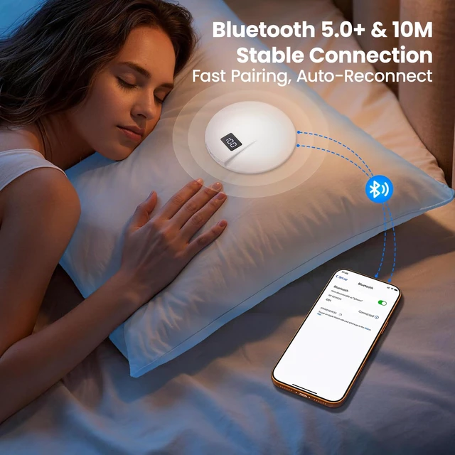 Alt view image 4 of 7 - Bone Conduction Under Pillow Sleep Bluetooth Speaker for Side Sleepers, Bluetooth 6.0 Wireless Speaker with Digital Display Portable Player for Sleep Music White Noise Audiobooks (White)