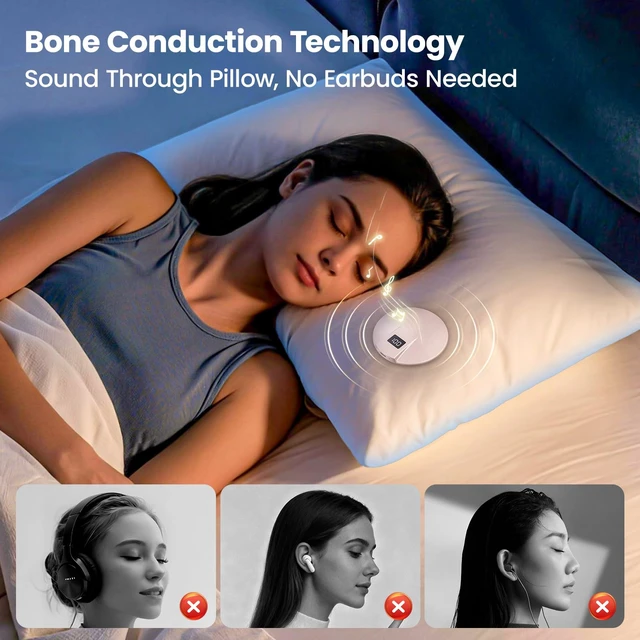 Alt view image 2 of 7 - Bone Conduction Under Pillow Sleep Bluetooth Speaker for Side Sleepers, Bluetooth 6.0 Wireless Speaker with Digital Display Portable Player for Sleep Music White Noise Audiobooks (Pink)