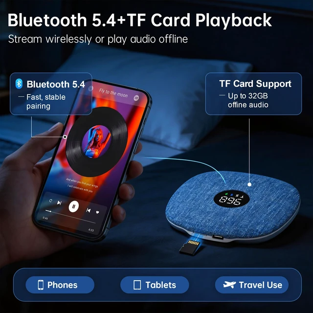 Alt view image 7 of 7 - Under Pillow Speaker for Sleeping, Dual Bone Conduction Side Sleepers, Blue LED Display, Dual Music Audiobook Modes, 995-Min Adjustable Timer, Bluetooth/TF Card, 16 Hour Battery Life, Slim Soft Fabric