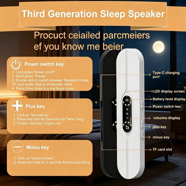 Alt view image 7 of 7 - Pillow Speaker for Sleeping, Mini Bone Conduction Bluetooth Sleep Bar, Built-in White & Pink Noise, Auto-Off Timer, Stereo Bass, Volume Control, TF Card Supported Portable Speaker for Side Sleepers