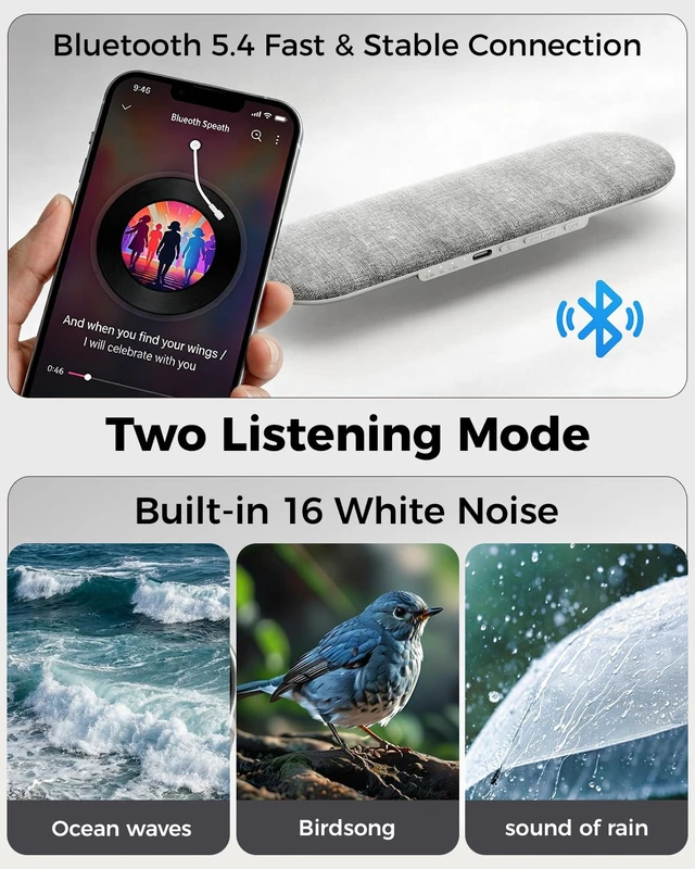 Alt view image 3 of 7 - Pillow Speaker for Sleeping, Sound Machine with Dual Speakers (Gray) | Under-Pillow Speaker, 16 Built-in White Noise, 15-Hour Battery Life, Auto-Off Timer, Rechargeable, Bluetooth, for Adults Kids