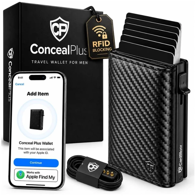 Main image of RFID Wallet for Men with Apple Find My Tracker, Black Carbon | Wireless Charging, Up to 6 Months per Charge | No Monthly Fee | RFID Blocking | Up to 10 Cards, Cash & Clear ID Window