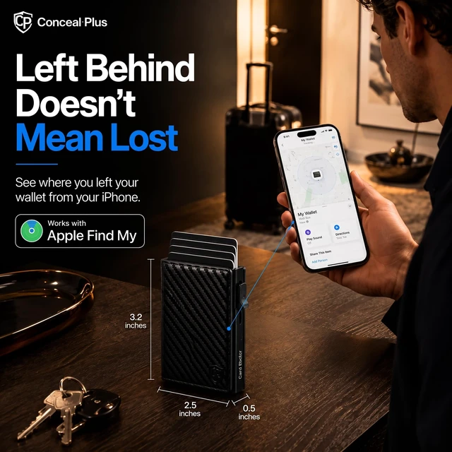 Alt view image 2 of 7 - RFID Wallet for Men with Apple Find My Tracker, Black Carbon | Wireless Charging, Up to 6 Months per Charge | No Monthly Fee | RFID Blocking | Up to 10 Cards, Cash & Clear ID Window