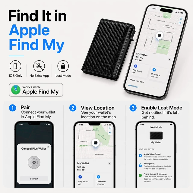 Alt view image 3 of 7 - RFID Wallet for Men with Apple Find My Tracker, Black Carbon | Wireless Charging, Up to 6 Months per Charge | No Monthly Fee | RFID Blocking | Up to 10 Cards, Cash & Clear ID Window