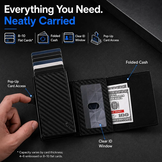 Alt view image 5 of 7 - RFID Wallet for Men with Apple Find My Tracker, Black Carbon | Wireless Charging, Up to 6 Months per Charge | No Monthly Fee | RFID Blocking | Up to 10 Cards, Cash & Clear ID Window