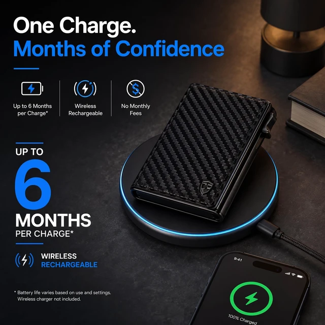 Alt view image 6 of 7 - RFID Wallet for Men with Apple Find My Tracker, Black Carbon | Wireless Charging, Up to 6 Months per Charge | No Monthly Fee | RFID Blocking | Up to 10 Cards, Cash & Clear ID Window