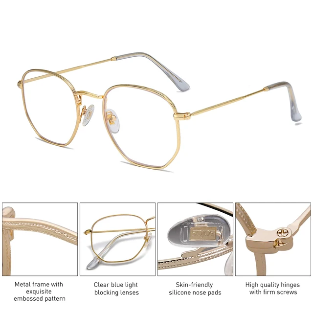 Alt view image 3 of 5 - Small Blue Light Blocking Glasses Hexagonal Eyeglasses Frame Anti Blue Ray Glasses One and Only SJ5036 with Gold Frame/Anti-Blue Light Lens