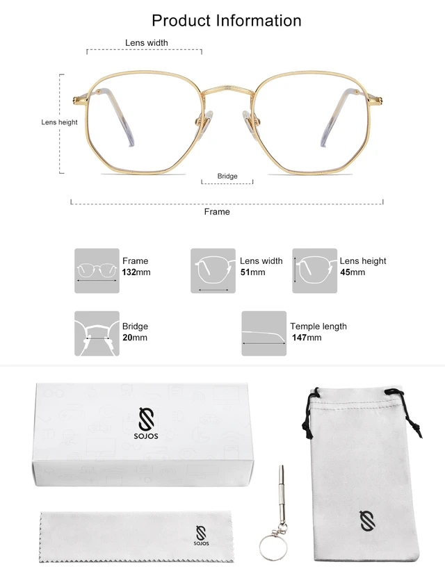 Alt view image 4 of 5 - Small Blue Light Blocking Glasses Hexagonal Eyeglasses Frame Anti Blue Ray Glasses One and Only SJ5036 with Gold Frame/Anti-Blue Light Lens
