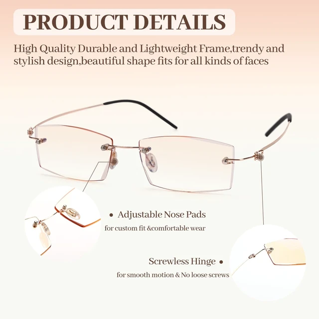 Alt view image 4 of 7 - Rimless Blue Light Reading Glasses Women Men 0.49oz Ultra Light Reader | Frameless HD Unobstructed View Lenses, Natural Blue Light Filter, Anti-Glare for Computer Reading