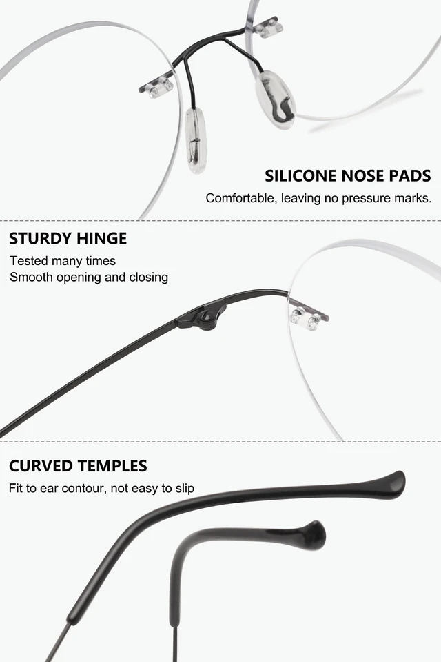 Alt view image 4 of 7 - Round Rimless Reading Glasses Anti Blue Light Blocking Readers Women Men Titanium Frameless Eyeglasses Eyewear Black 1.00