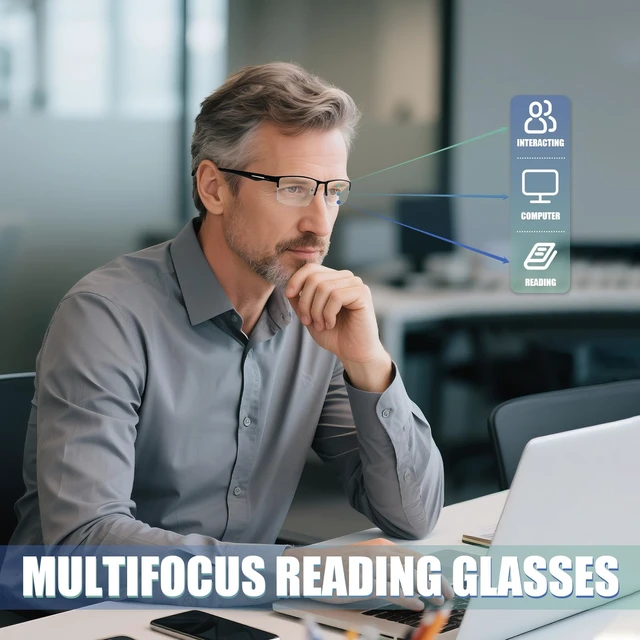 Alt view image 3 of 7 - 2 Pack Men's Progressive Multifocal Reading Glasses,Half Rim Metal Frame TR90 Temples Blue Light Blocking Anti Eyestrain Multifocus Computer Readers,2.5x