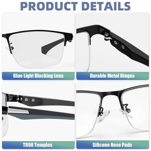 Alt view image 6 of 7 - 2 Pack Men's Progressive Multifocal Reading Glasses,Half Rim Metal Frame TR90 Temples Blue Light Blocking Anti Eyestrain Multifocus Computer Readers,2.5x
