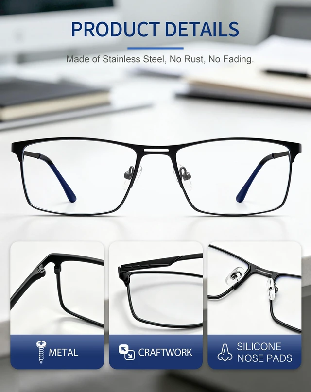 Alt view image 5 of 6 - Rectangle Semi-rimless Blue Light Glasses for Men Women UV400 Black | Stainless Steel Frame, Impact-Resistant PC Lenses, Blue Light Blocking, Silicone Nose Pads, Office & Gaming