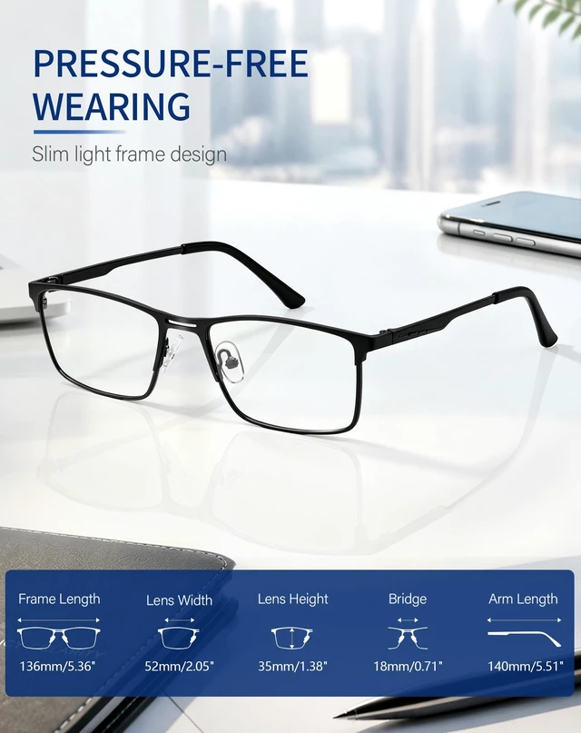 Alt view image 4 of 6 - Rectangle Semi-rimless Blue Light Glasses for Men Women UV400 Black | Stainless Steel Frame, Impact-Resistant PC Lenses, Blue Light Blocking, Silicone Nose Pads, Office & Gaming
