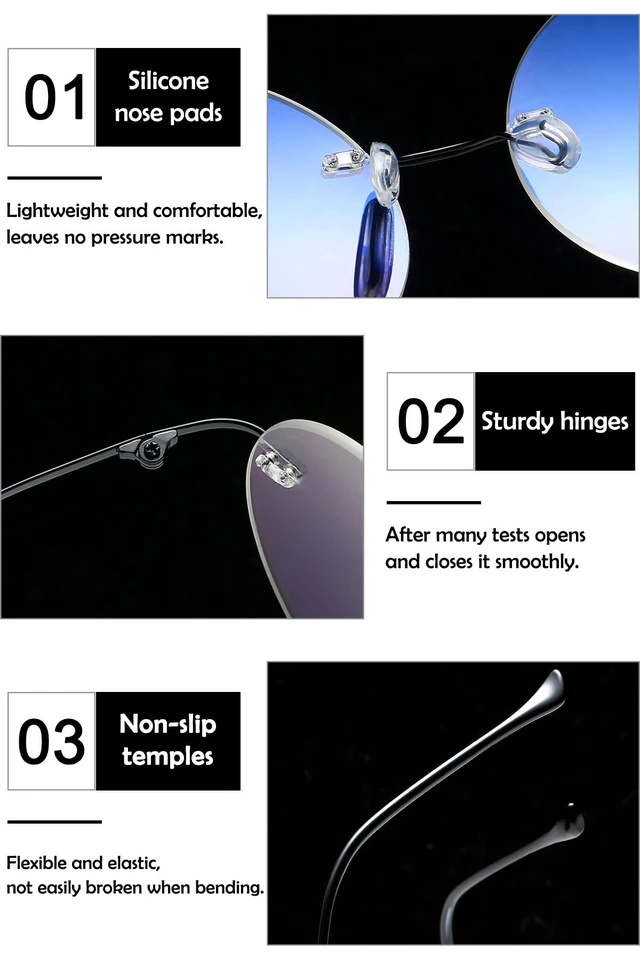 Alt view image 4 of 7 - Titanium Rimless Round Reading Glasses for Men Women, Silver +1.0 | Blue Light Blocking, Flexible, Lightweight, Frameless Readers, Fashion Eyeglasses, for Computer Working Reading