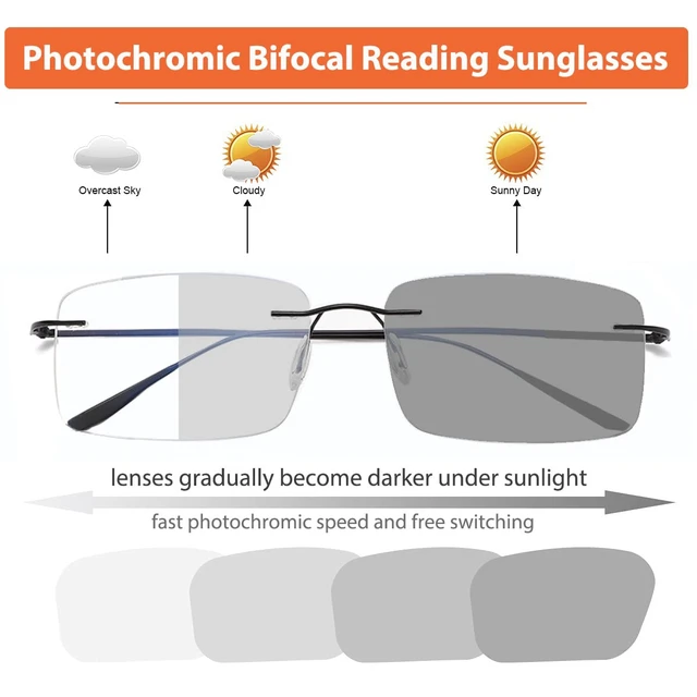 Alt view image 2 of 7 - Photochromic Bifocal Reading Glasses Anti-blue Light Glasses Rimless Transition Sunglasses Women Men Sun Readers