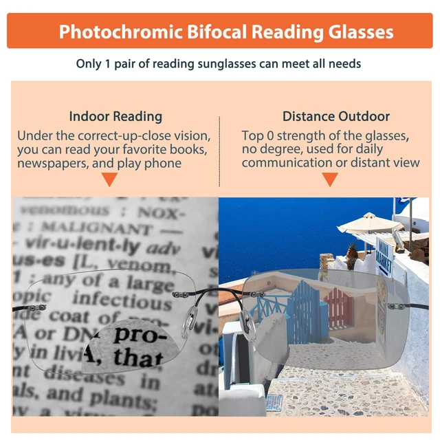 Alt view image 3 of 7 - Photochromic Bifocal Reading Glasses Anti-blue Light Glasses Rimless Transition Sunglasses Women Men Sun Readers