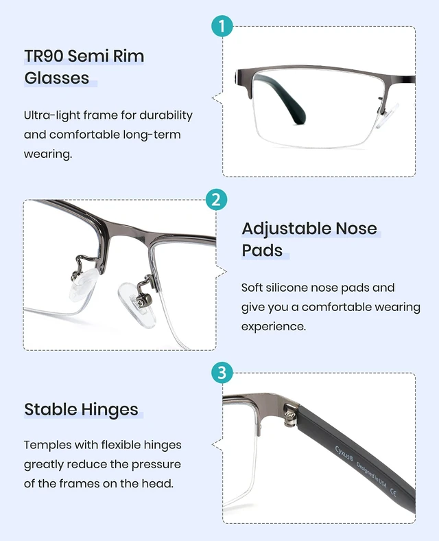 Alt view image 6 of 7 - Blue Light Blocking Glasses For Men Women, Semi Rim TR90 Frame 8001 | Lightweight Half frame blue light filtering lenses providing comfort for work study gaming screen use