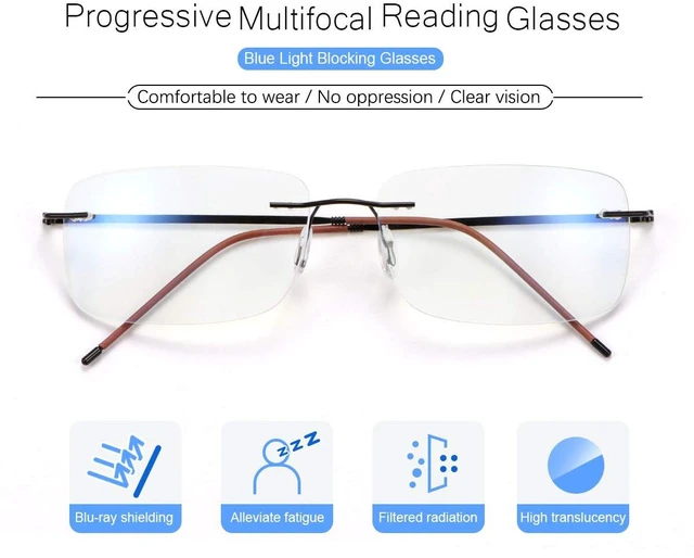 Alt view image 2 of 6 - Rimless Progressive Multifocus Reading Glasses Blue Light Blocking No Line Multifocal Computer Readers for Women Men Rectangular Eyewear Titanium Lightweight Magnification Presbyopia Eyeglasses