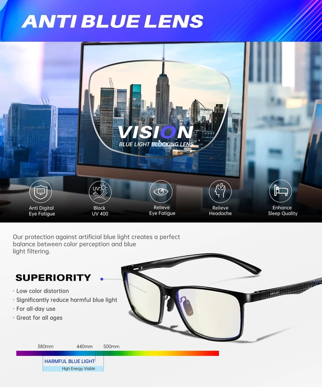 Alt view image 5 of 7 - Blue Light Glasses Men, Metal Computer Gaming Glasses Black/Clear | 45% Blue Light Blocking Clear Lens, Al-Mg Metal Frame 27g, Low Color Distortion, Gift Box