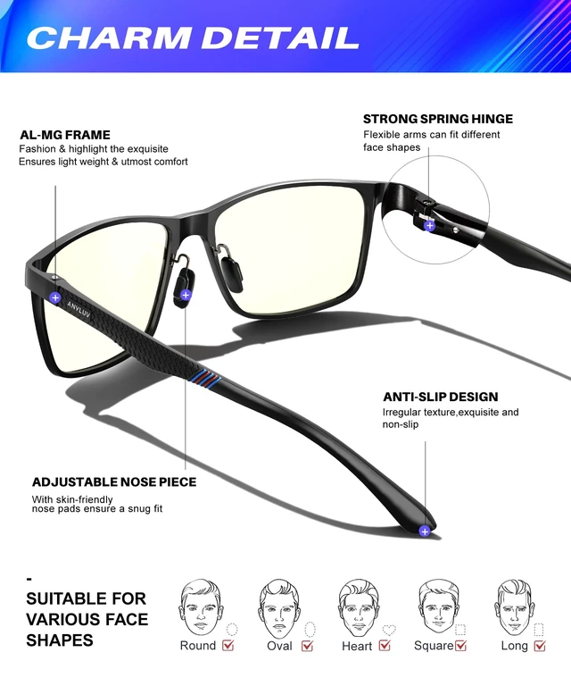 Alt view image 3 of 7 - Blue Light Glasses Men, Metal Computer Gaming Glasses Black/Clear | 45% Blue Light Blocking Clear Lens, Al-Mg Metal Frame 27g, Low Color Distortion, Gift Box
