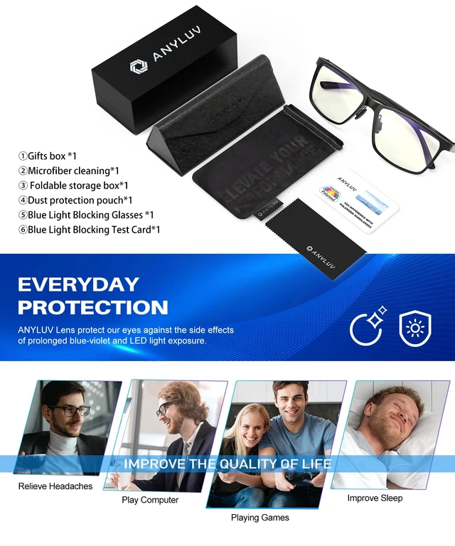 Alt view image 7 of 7 - Blue Light Glasses Men, Metal Computer Gaming Glasses Black/Clear | 45% Blue Light Blocking Clear Lens, Al-Mg Metal Frame 27g, Low Color Distortion, Gift Box