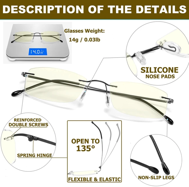 Alt view image 3 of 6 - Titanium Rimless Reading Glasses Lightweight Gold/Gunmetal +2.0 | Blue Light Blocking,Elastic Spring Hinge,Adjustable Nose Pads,Computer Readers, Classic Oblong Lens,Men Women Suitable