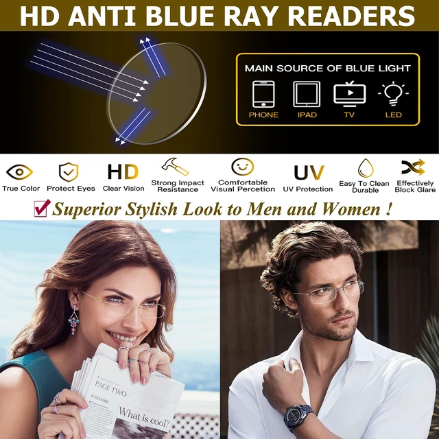 Alt view image 4 of 6 - Titanium Rimless Reading Glasses Lightweight Gold/Gunmetal +2.0 | Blue Light Blocking,Elastic Spring Hinge,Adjustable Nose Pads,Computer Readers, Classic Oblong Lens,Men Women Suitable