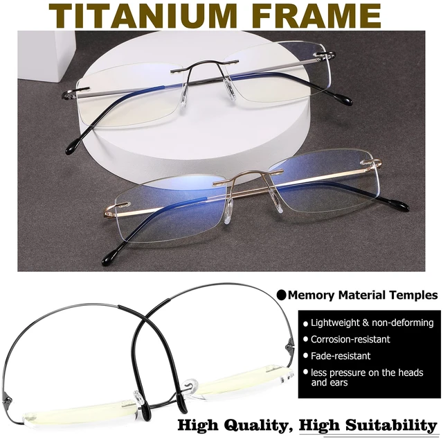 Alt view image 2 of 6 - Titanium Rimless Reading Glasses Lightweight Gold/Gunmetal +2.0 | Blue Light Blocking,Elastic Spring Hinge,Adjustable Nose Pads,Computer Readers, Classic Oblong Lens,Men Women Suitable