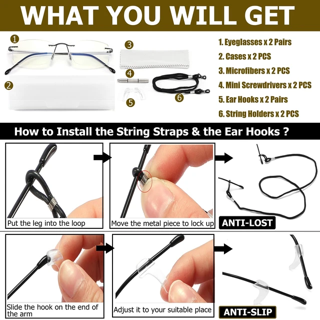 Alt view image 6 of 6 - Titanium Rimless Reading Glasses Lightweight Gold/Gunmetal +2.0 | Blue Light Blocking,Elastic Spring Hinge,Adjustable Nose Pads,Computer Readers, Classic Oblong Lens,Men Women Suitable