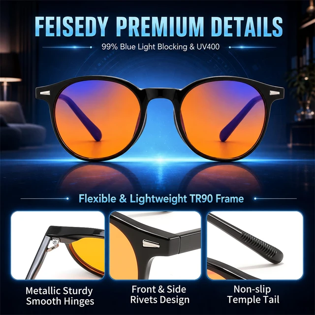 Alt view image 7 of 7 - Round Gaming Blue Light Blocking Glasses for Women Men B4211 | Red/Orange Lens Glasses, Anti UV Blue-Ray Glare Screen Fatigue, TR90 Cat Eye Frame, Computer|Sleep|Night Time Screen Use