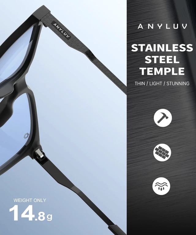 Alt view image 5 of 7 - Blue Light Glasses Men, Metal Bluelight Computer Gaming Glasses | Lightweight Mens Blue Light Blocking, Stylish Square Frame with Premium Metal Temple for Eyestrain Relief & Screen Protection