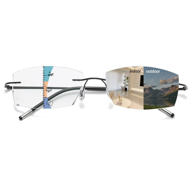 Main image of Frameless Progressive Multifocal Reading Glasses Diamond Cut Photochromic Sunglasses Titanium Progressive Readers for Women