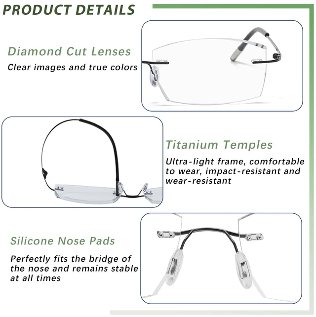 Alt view image 4 of 7 - Frameless Progressive Multifocal Reading Glasses Diamond Cut Photochromic Sunglasses Titanium Progressive Readers for Women