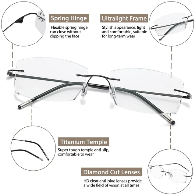 Alt view image 5 of 7 - Photochromic Progressive Multifocal Reading Glasses Men Women Blue Light Blocking Rimless Transition Glasses Diamond Cut Multifocus Readers Anti Eye Strain titanium Eyeglasses Spring Hinge 3.0