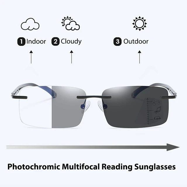 Alt view image 2 of 7 - Photochromic Progressive Multifocal Blue Light Reading Glasses Unisex | Flexible Lightweight Frame, UV Protection, Transition Lenses, Sunglasses, Driving & Reading, Readers for Men and Women