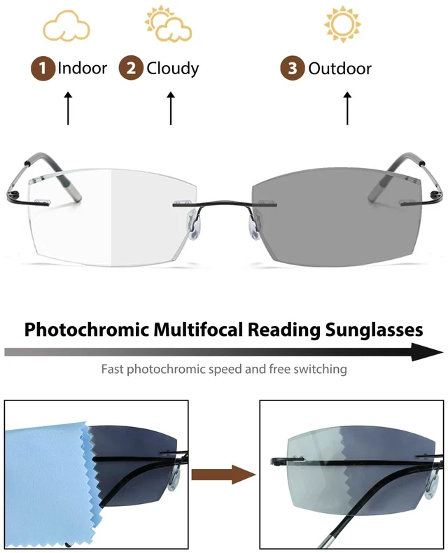 Alt view image 3 of 7 - Photochromic Progressive Multifocal Reading Glasses Men Women Blue Light Blocking Rimless Transition Glasses Diamond Cut Multifocus Readers Anti Eye Strain titanium Eyeglasses Spring Hinge 3.0