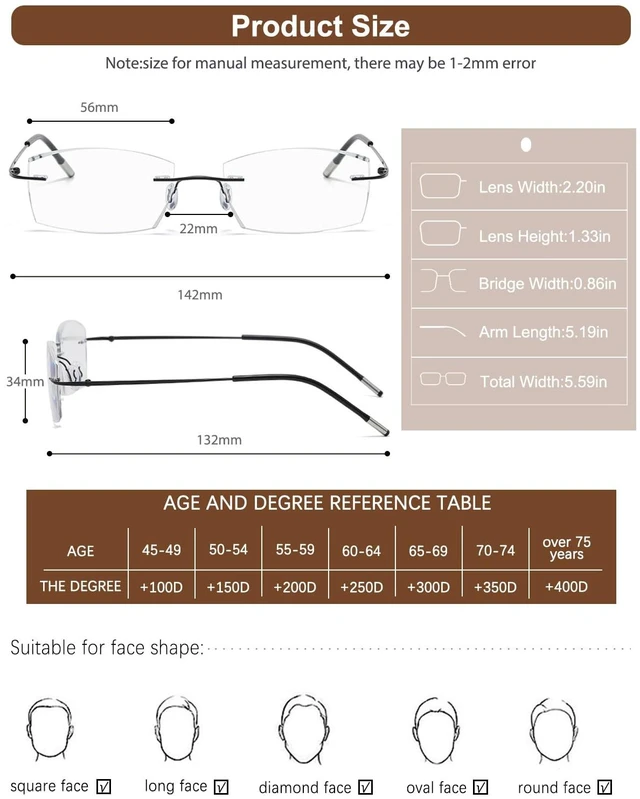 Alt view image 7 of 7 - Photochromic Progressive Multifocal Reading Glasses Men Women Blue Light Blocking Rimless Transition Glasses Diamond Cut Multifocus Readers Anti Eye Strain titanium Eyeglasses Spring Hinge 3.0