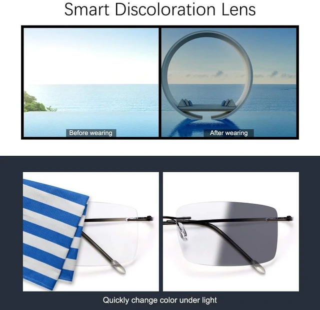 Alt view image 3 of 7 - Rimless Progressive Multifocus Reading Glasses Photochromic Transition Sunglasses Sun Readers Blue Light Blocking Multifocal Computer Eyeglasses Anti Glare UV400 Presbyopia Eyewear for Men and Women