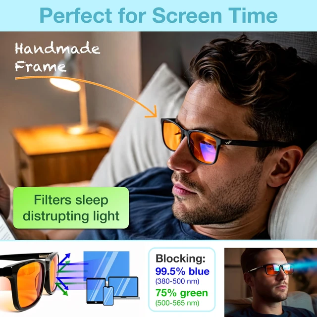 Alt view image 3 of 7 - Orange Blue Light Blocking Glasses for Better Sleep - 99.5% Premium Acetate Computer Migraine Glasses for Women & Men - Amber Gaming Glasses - TV Blue Light Blockers Gamer Glasses for Eye Strain