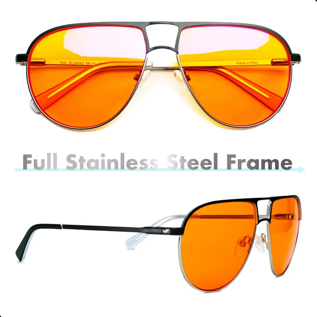 Alt view image 2 of 7 - Orange Aviator Blue Light Blocking Glasses for Better Sleep - 97% Premium Metal Classic Aviators Computer Migraine Glasses for Women & Men - Amber Gaming Glasses - Blue Light Blocker Anti Eye Strain