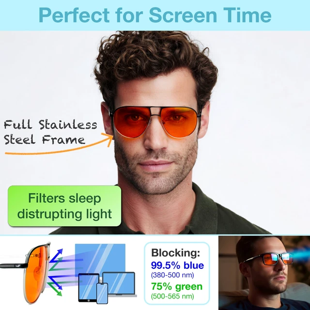 Alt view image 3 of 7 - Orange Aviator Blue Light Blocking Glasses for Better Sleep - 97% Premium Metal Classic Aviators Computer Migraine Glasses for Women & Men - Amber Gaming Glasses - Blue Light Blocker Anti Eye Strain