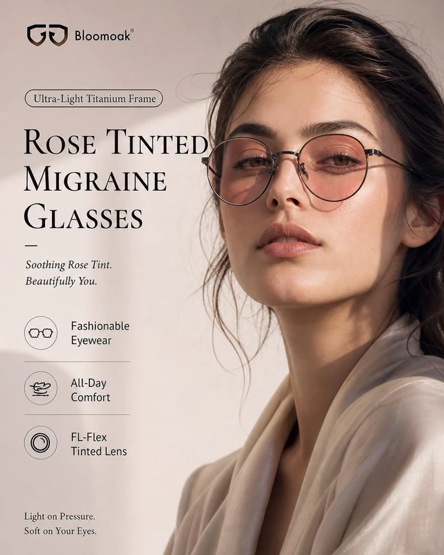 Alt view image 2 of 7 - Rose Migraine Glasses, Lightweight Retro Titanium Round Frame | FL- Flex Light Sensitivity Relief Glasses for Fluorescent LED Glare, Photophobia, Eye Strain, for Women & Men