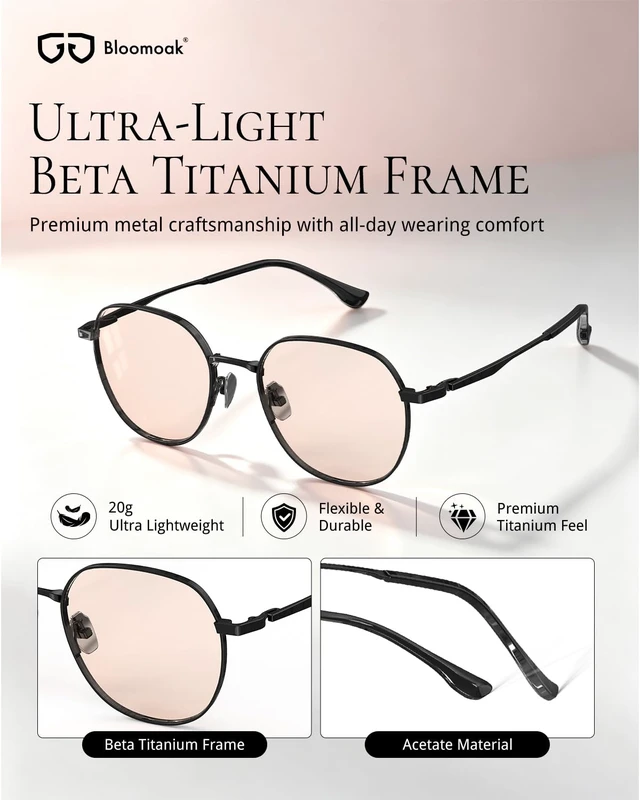 Alt view image 3 of 7 - Rose Migraine Glasses, Lightweight Retro Titanium Round Frame | FL- Flex Light Sensitivity Relief Glasses for Fluorescent LED Glare, Photophobia, Eye Strain, for Women & Men