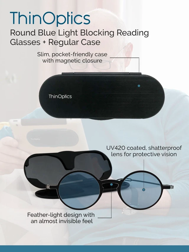 Alt view image 5 of 6 - ThinOptics Ultra-Thin Blue Light Blocking Reading Glasses with Case - Readers for Computers & Screens - Round, Clear 2.0x
