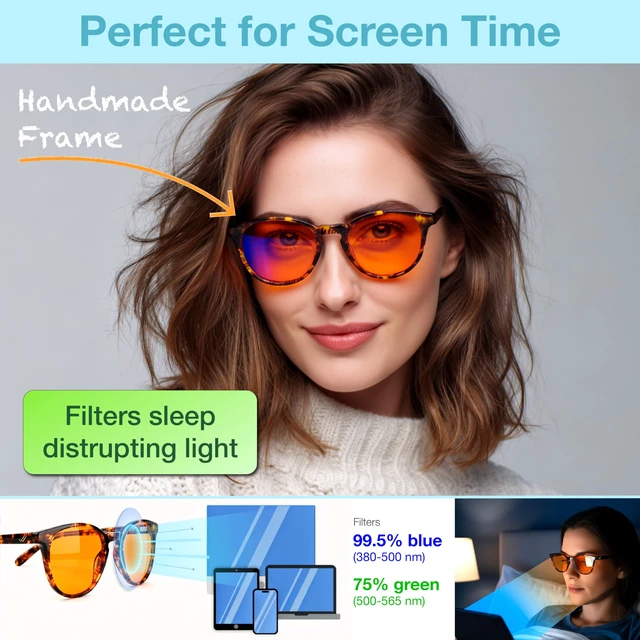Alt view image 3 of 7 - Orange Blue Light Blocking Glasses for Better Sleep - 99.5% Premium Acetate Amber Orange Computer Migraine Glasses for Women & Men - Amber fl 41 TV Gaming Blue Light Blockers for Eye Strain & Fatigue